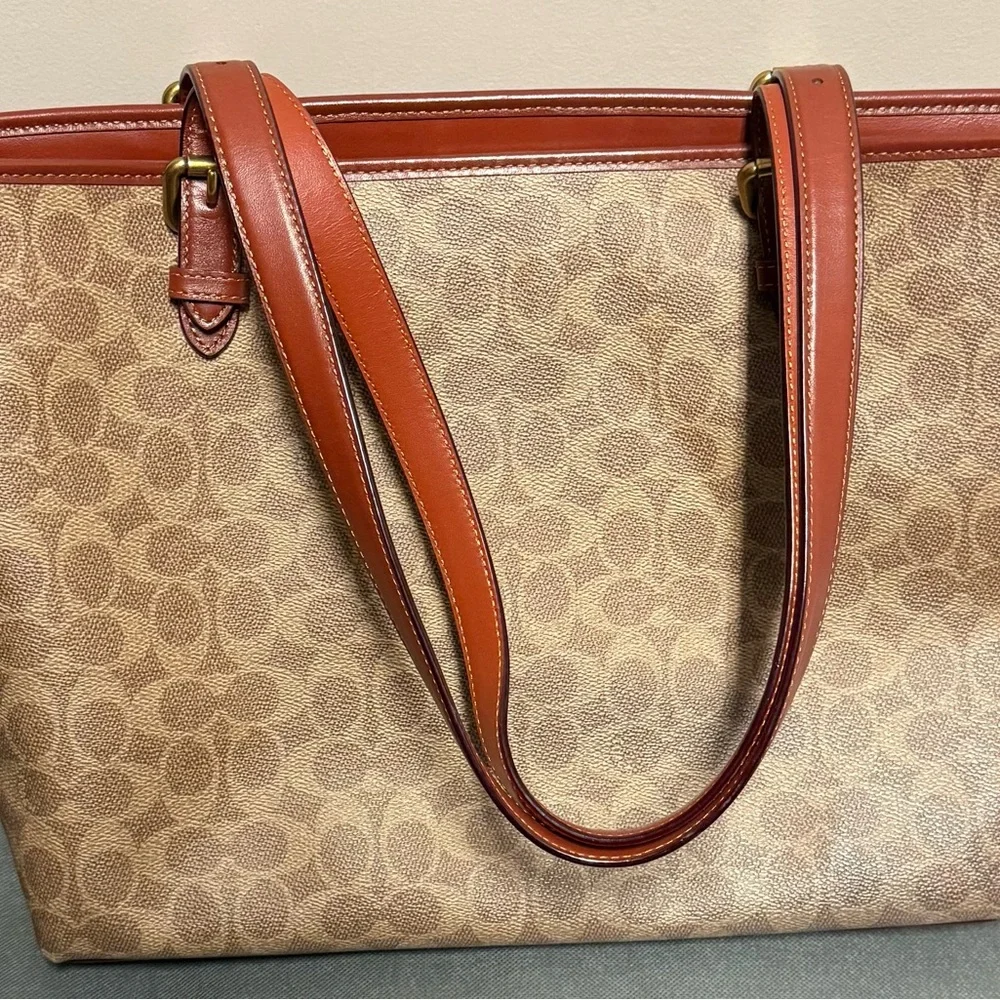 Coach Gallery Tote Signature Canvas Khaki Saddle Laptop Bag - Picture 2 of 5